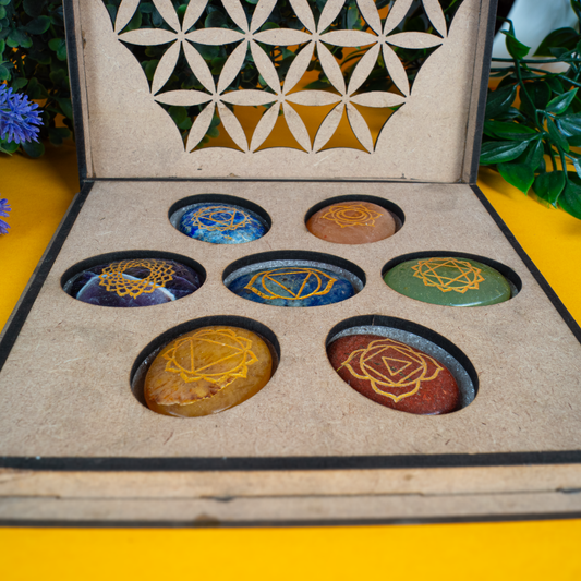 Chakra Taschensteine Set in Blumes des Lebens Box